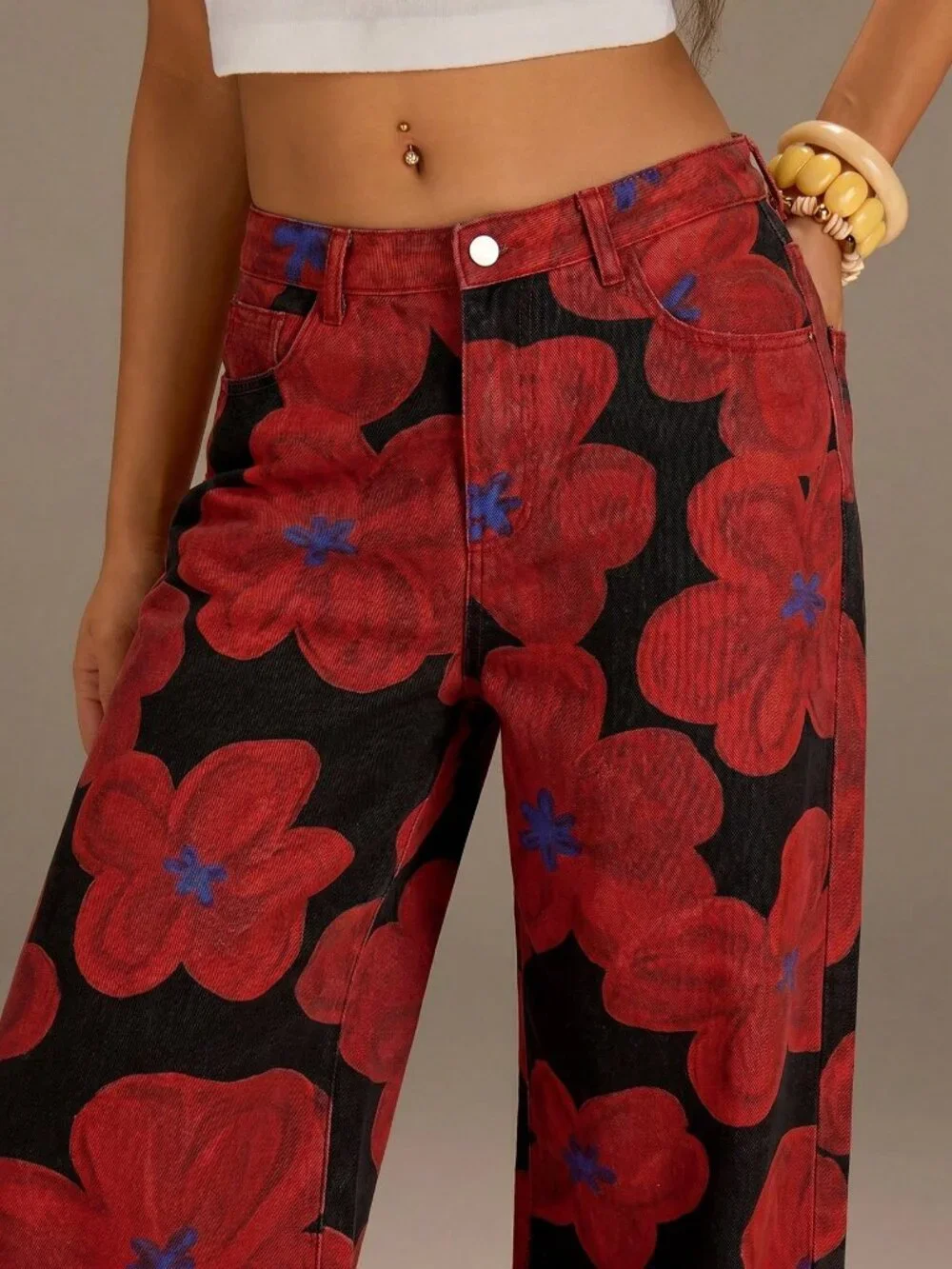 Black Casual Women's Denim Floral Streetwear Jeans